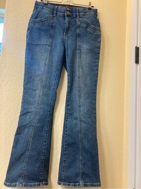 High-Rise Elastic Waist Blue Front Seam Flare Jeans